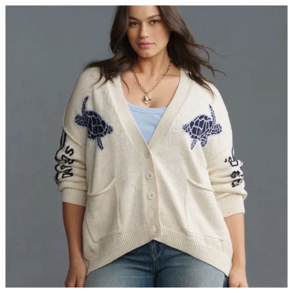 NWT Anthropologie Pilcro Relaxed Sea Turtle Nautical Cardigan Sweater, S